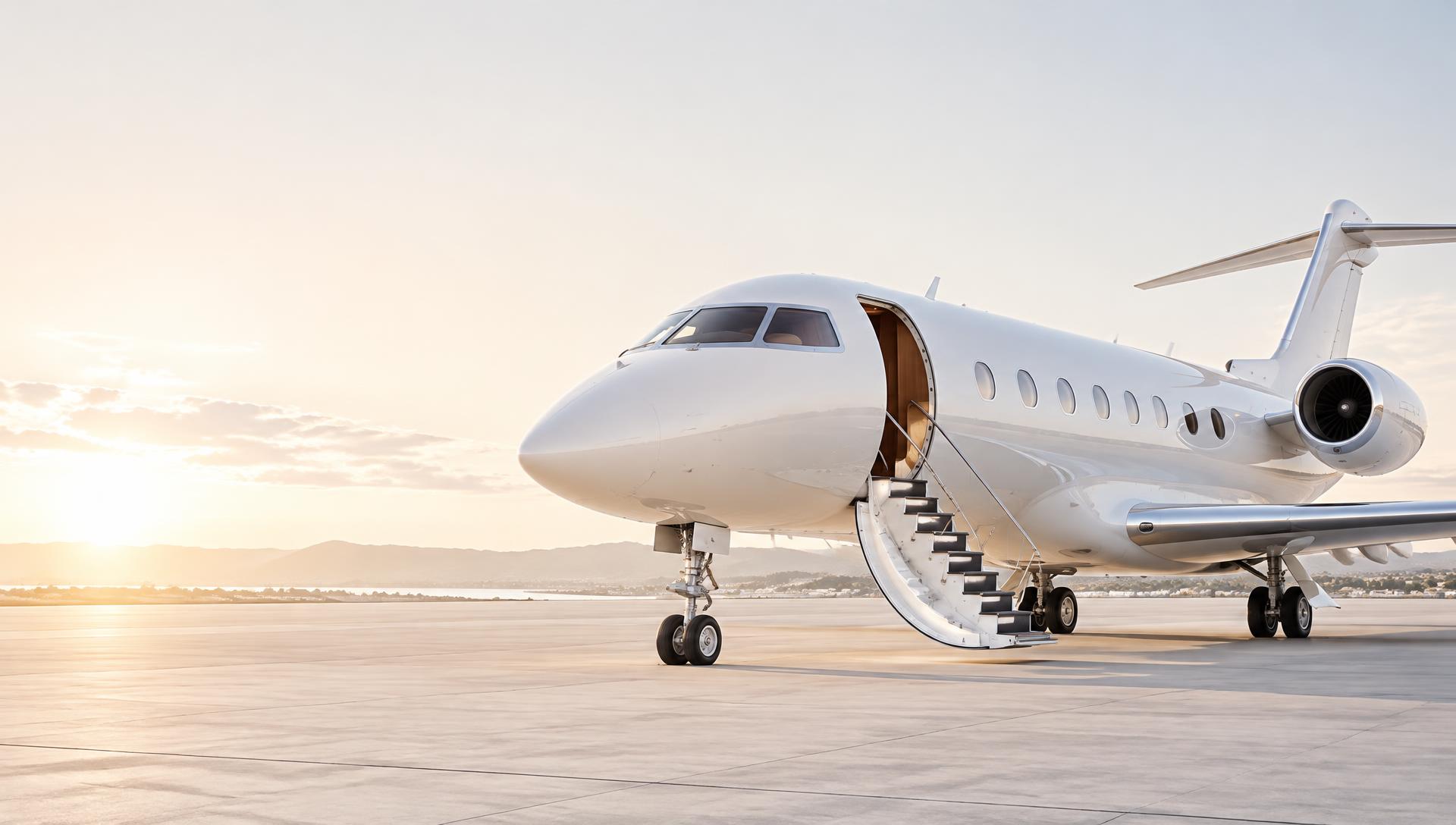 Private jet on a wet runway at dusk